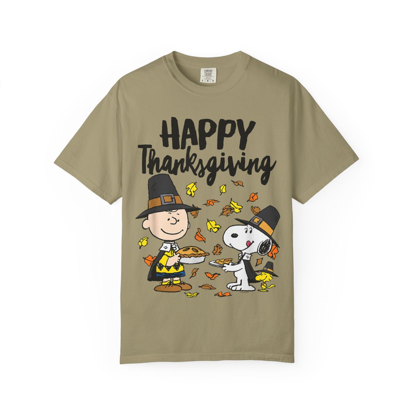 Thanksgiving Peanuts Comfort Colors 1717 T-Shirt — "Happy Thanksgiving" Charlie Brown & Snoopy Pilgrim Tee