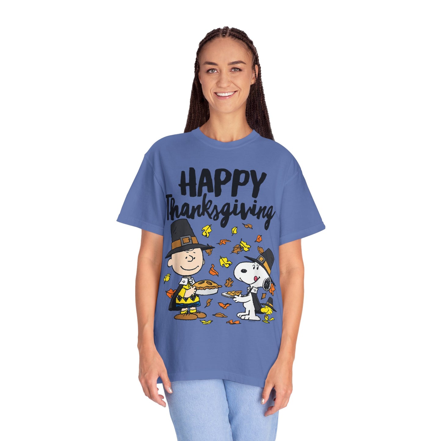 Thanksgiving Peanuts Comfort Colors 1717 T-Shirt — "Happy Thanksgiving" Charlie Brown & Snoopy Pilgrim Tee