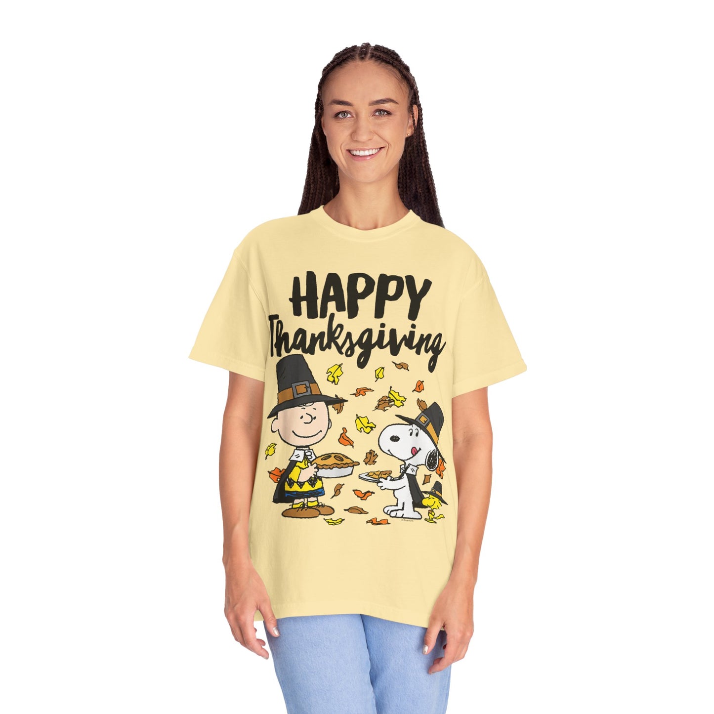 Thanksgiving Peanuts Comfort Colors 1717 T-Shirt — "Happy Thanksgiving" Charlie Brown & Snoopy Pilgrim Tee