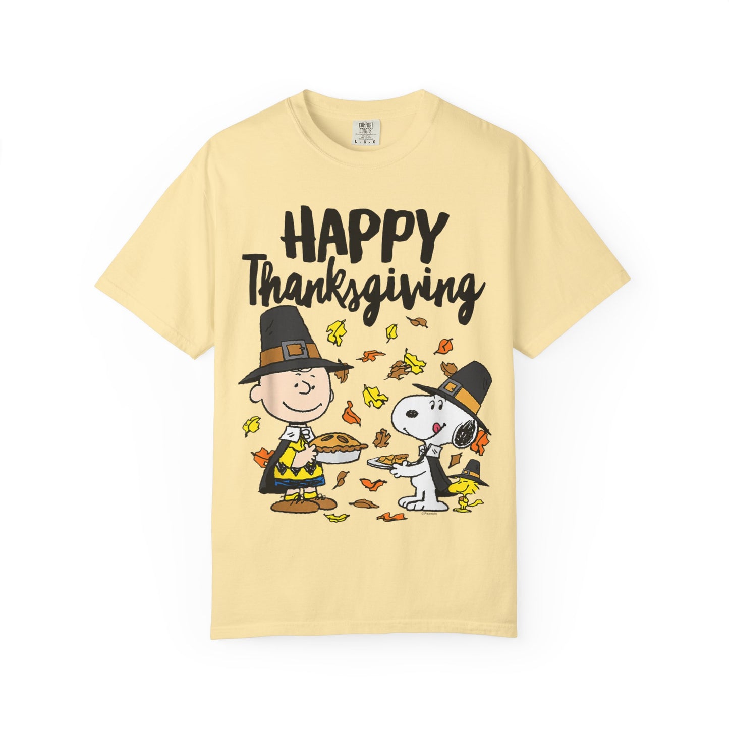 Thanksgiving Peanuts Comfort Colors 1717 T-Shirt — "Happy Thanksgiving" Charlie Brown & Snoopy Pilgrim Tee