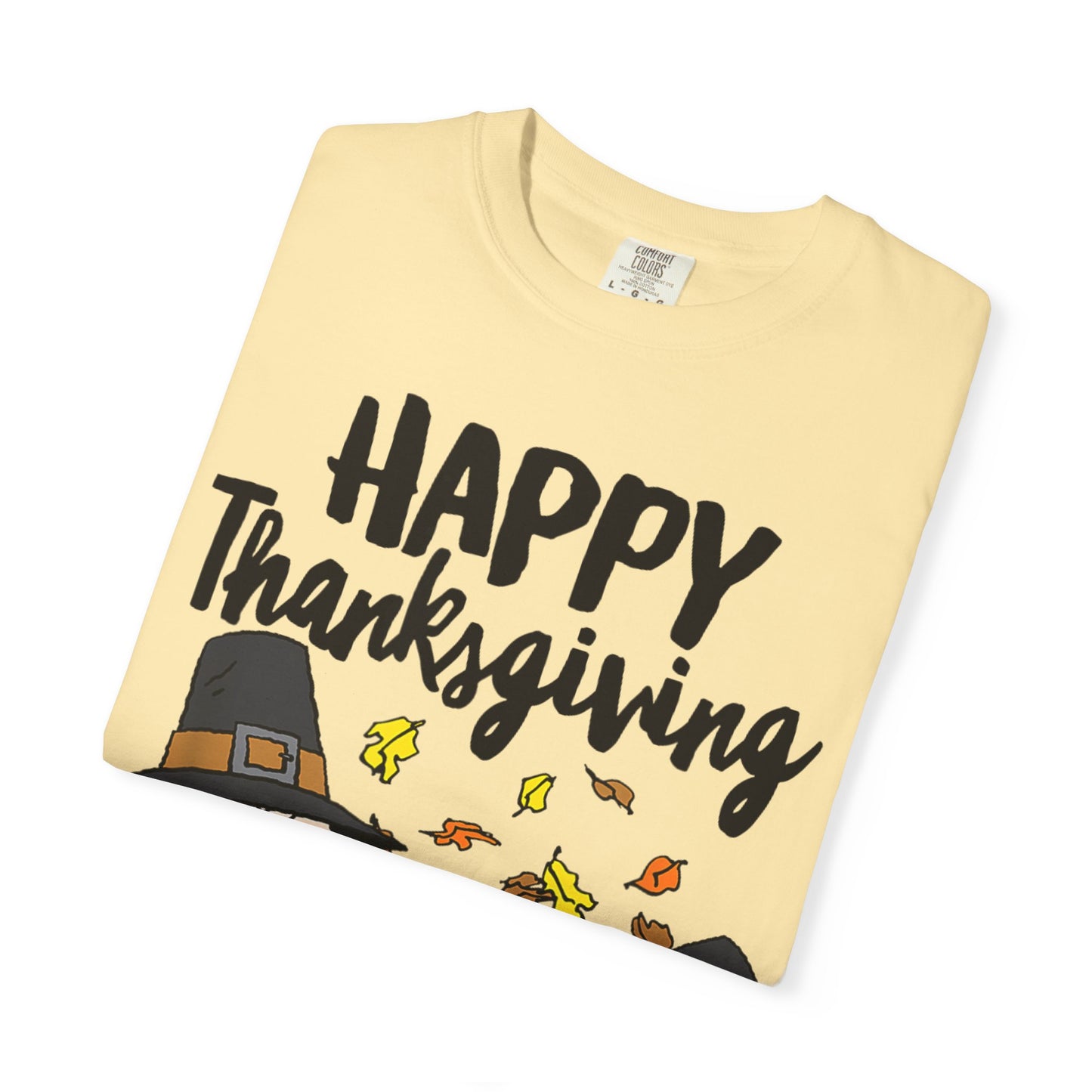 Thanksgiving Peanuts Comfort Colors 1717 T-Shirt — "Happy Thanksgiving" Charlie Brown & Snoopy Pilgrim Tee