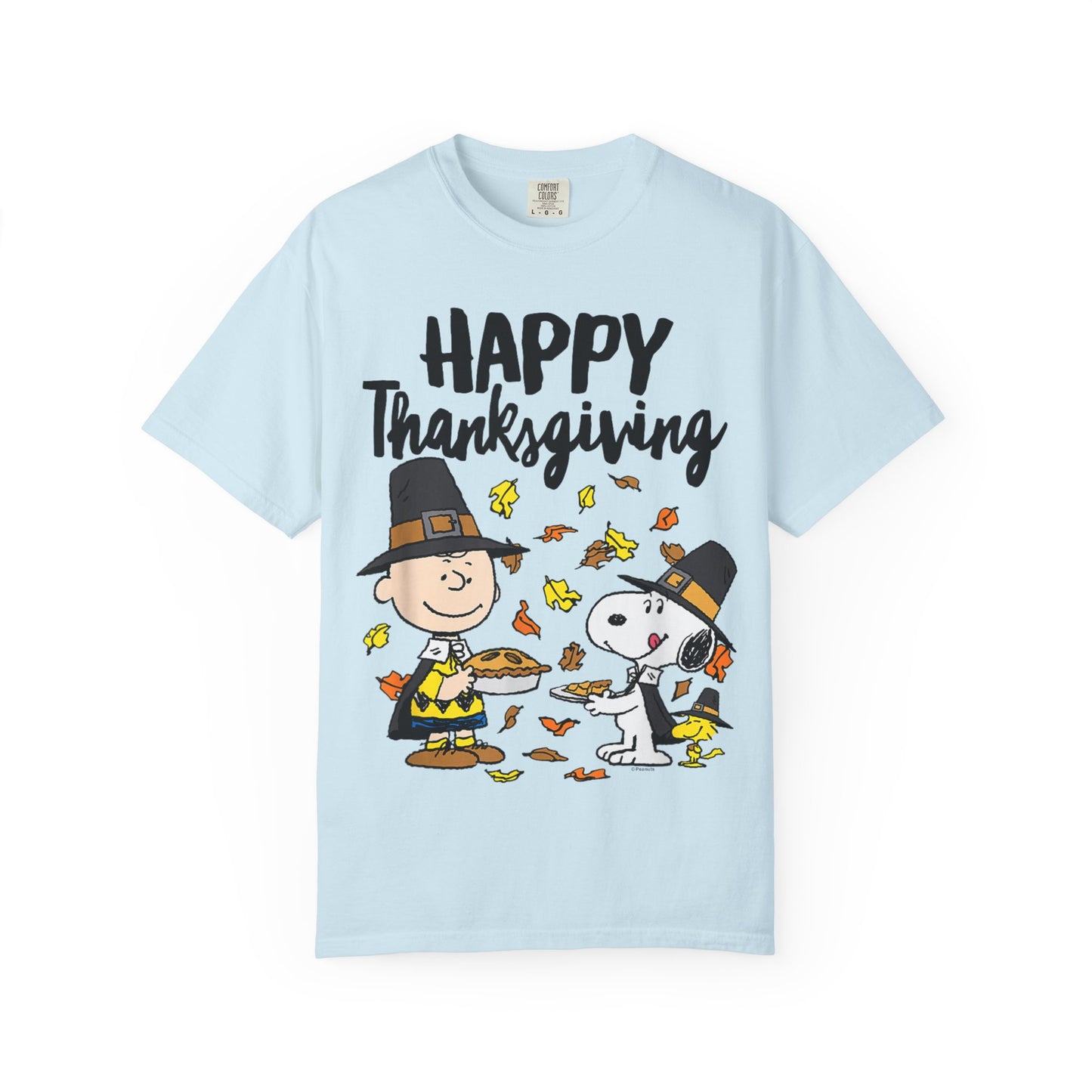 Thanksgiving Peanuts Comfort Colors 1717 T-Shirt — "Happy Thanksgiving" Charlie Brown & Snoopy Pilgrim Tee