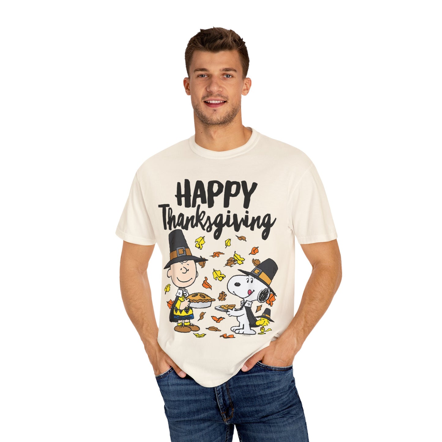 Thanksgiving Peanuts Comfort Colors 1717 T-Shirt — "Happy Thanksgiving" Charlie Brown & Snoopy Pilgrim Tee