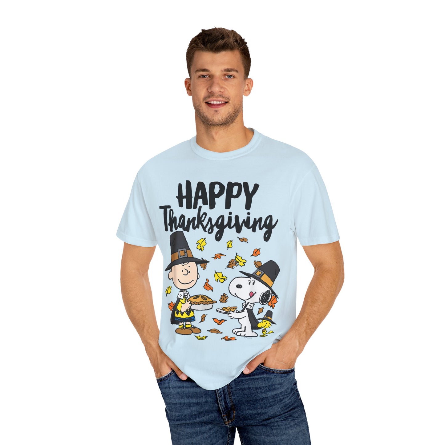 Thanksgiving Peanuts Comfort Colors 1717 T-Shirt — "Happy Thanksgiving" Charlie Brown & Snoopy Pilgrim Tee