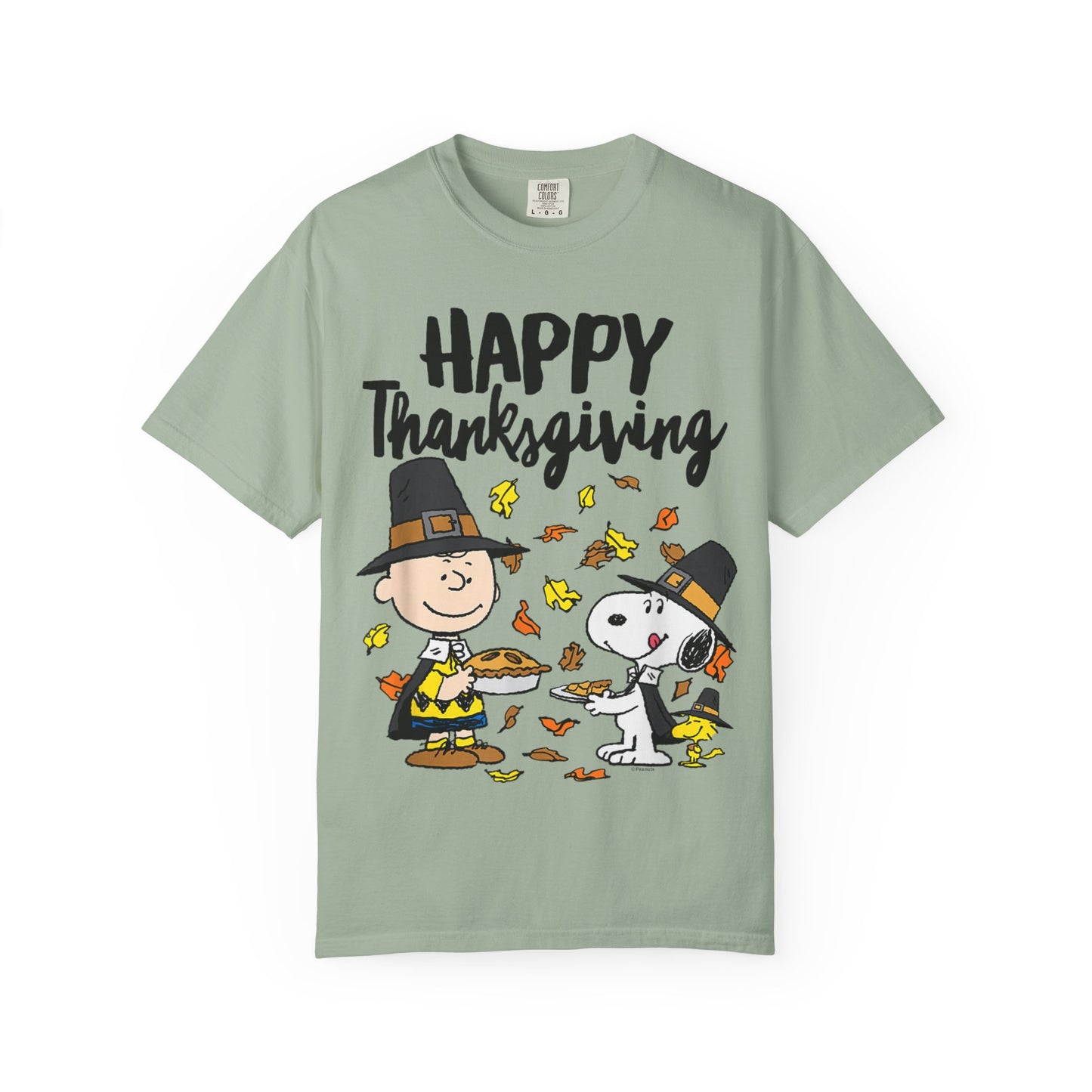 Thanksgiving Peanuts Comfort Colors 1717 T-Shirt — "Happy Thanksgiving" Charlie Brown & Snoopy Pilgrim Tee