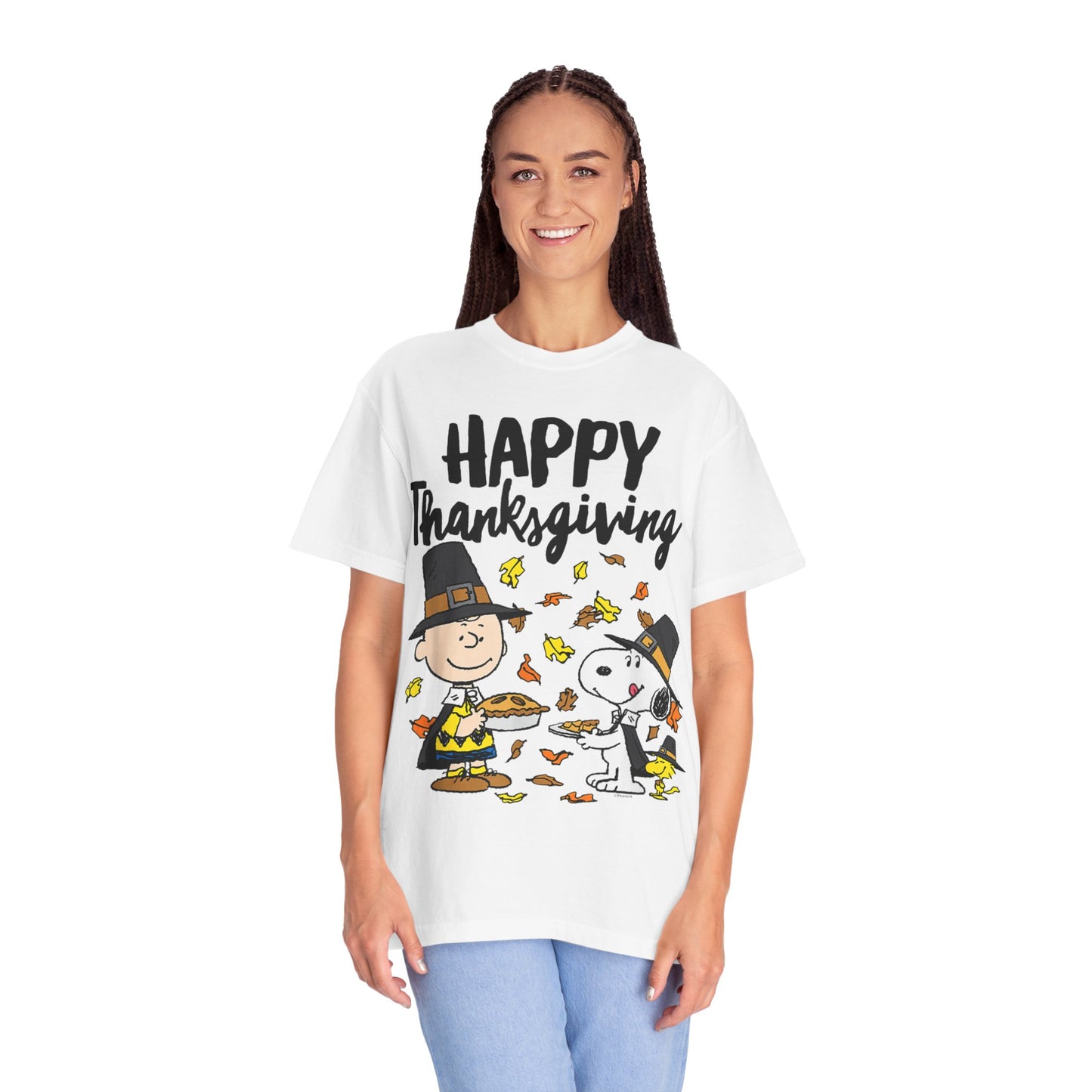 Thanksgiving Peanuts Comfort Colors 1717 T-Shirt — "Happy Thanksgiving" Charlie Brown & Snoopy Pilgrim Tee
