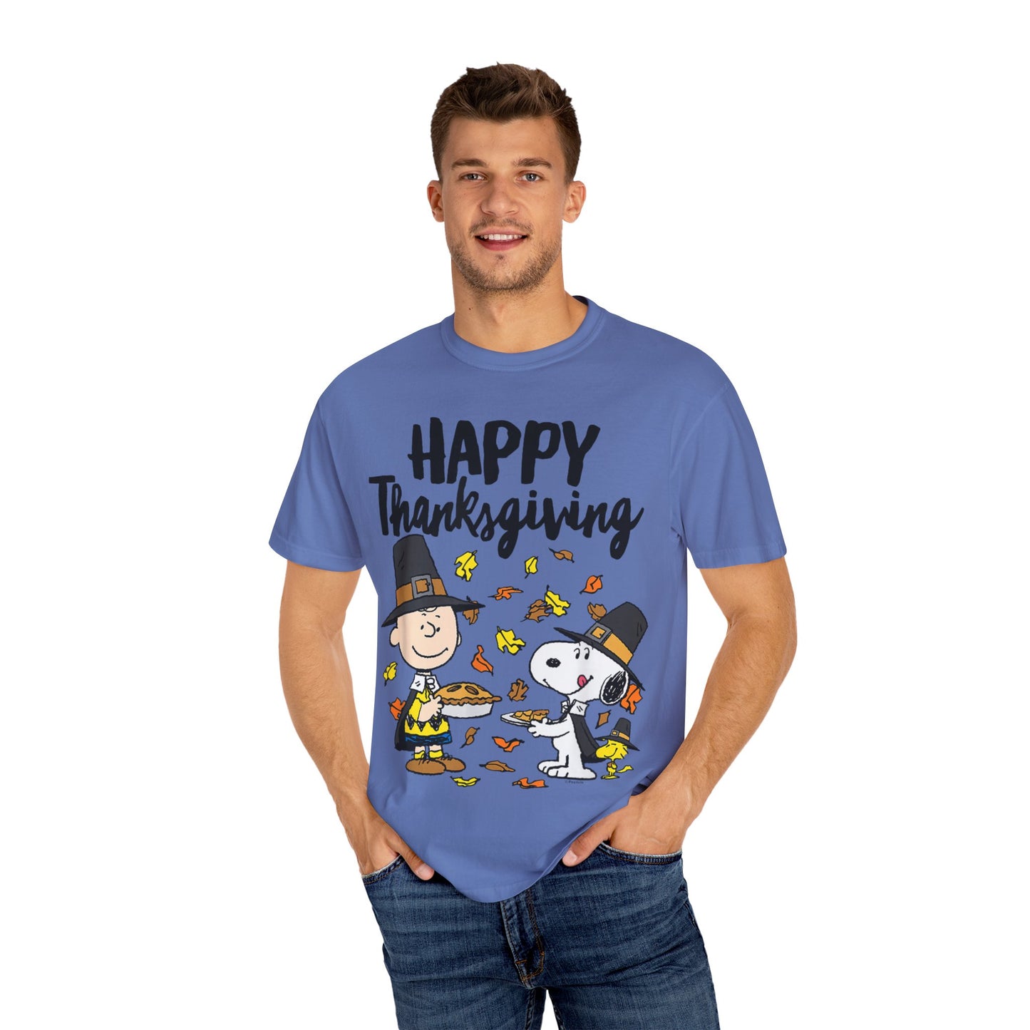 Thanksgiving Peanuts Comfort Colors 1717 T-Shirt — "Happy Thanksgiving" Charlie Brown & Snoopy Pilgrim Tee