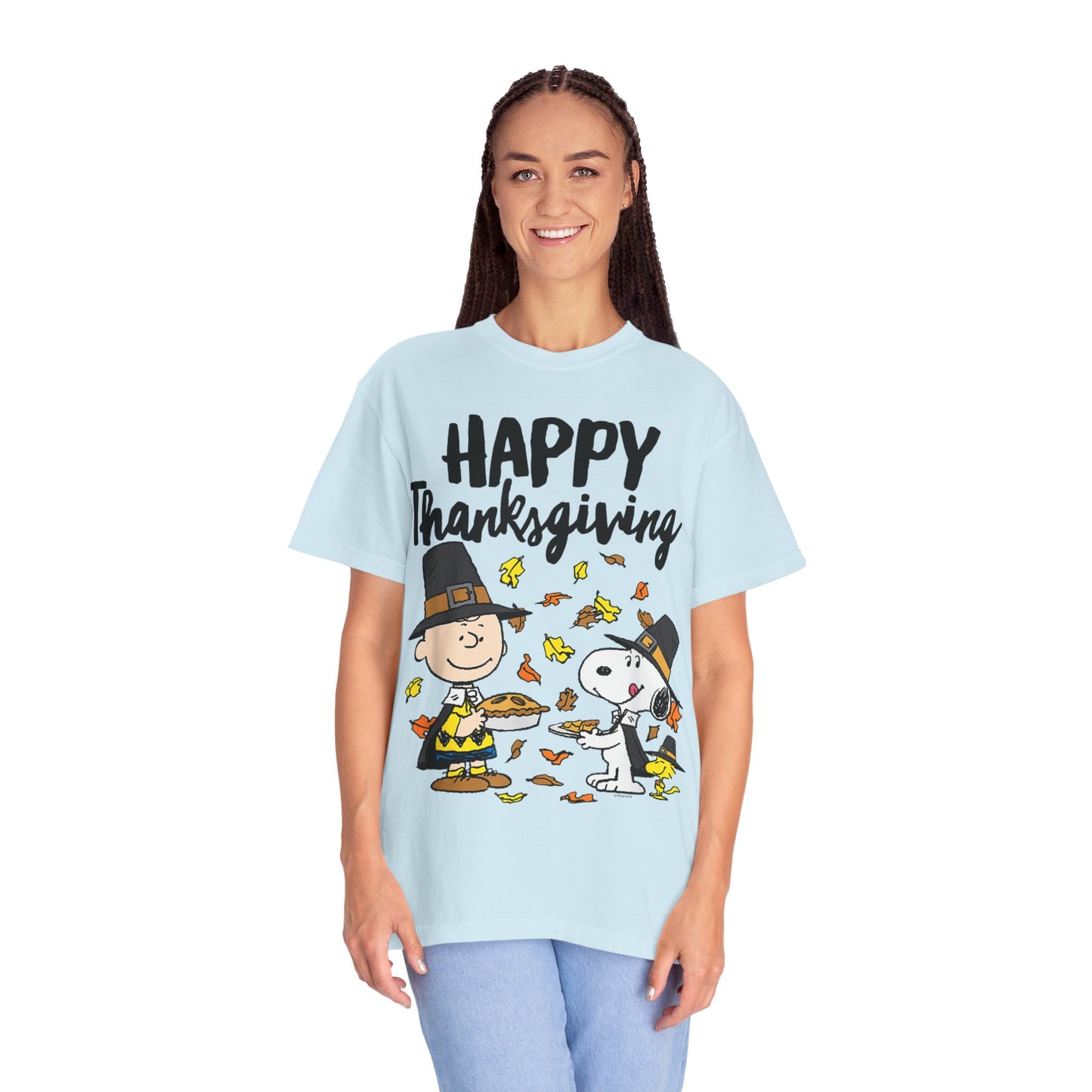 Thanksgiving Peanuts Comfort Colors 1717 T-Shirt — "Happy Thanksgiving" Charlie Brown & Snoopy Pilgrim Tee