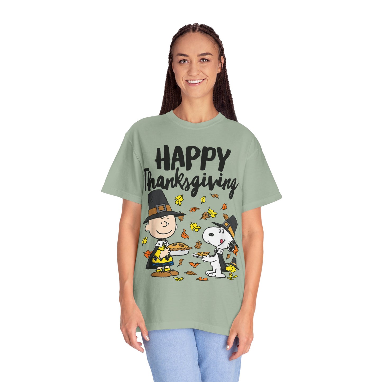 Thanksgiving Peanuts Comfort Colors 1717 T-Shirt — "Happy Thanksgiving" Charlie Brown & Snoopy Pilgrim Tee