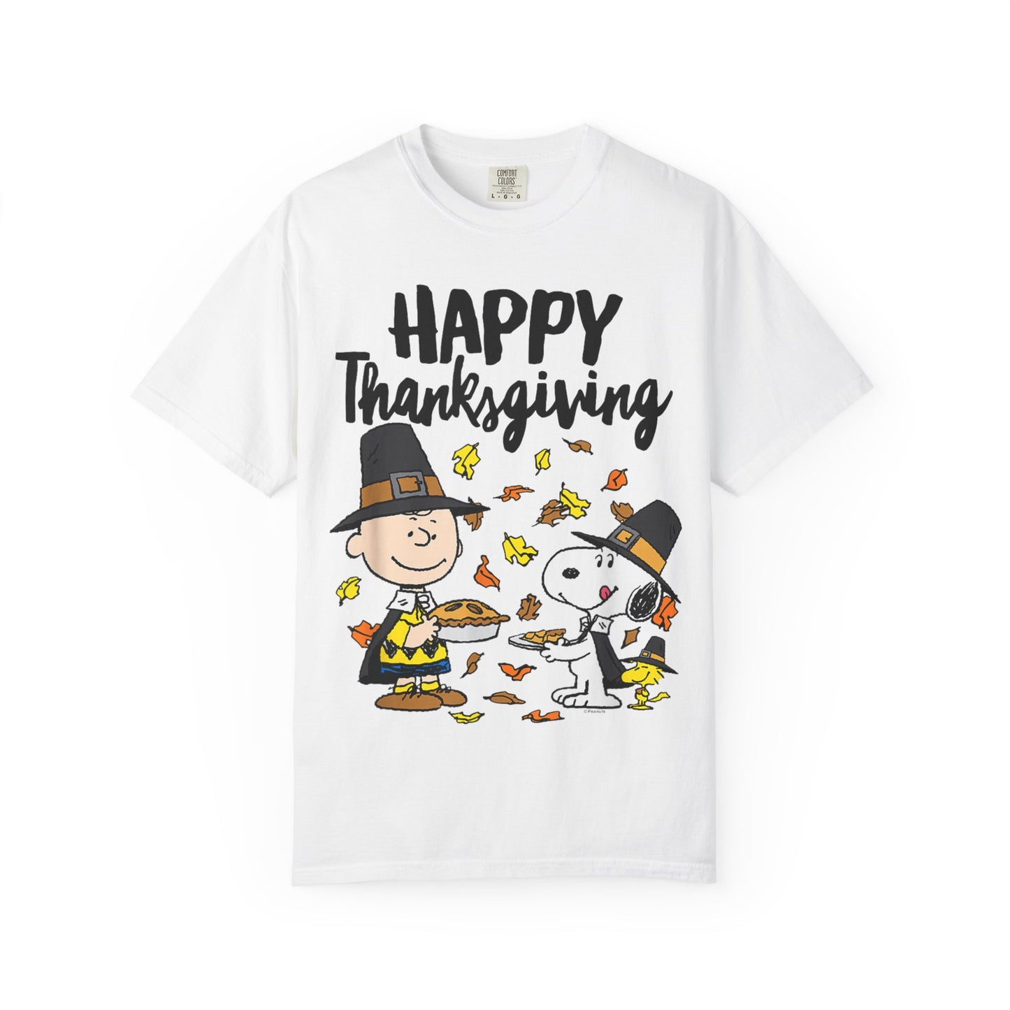 Thanksgiving Peanuts Comfort Colors 1717 T-Shirt — "Happy Thanksgiving" Charlie Brown & Snoopy Pilgrim Tee
