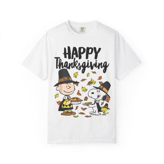 Thanksgiving Peanuts Comfort Colors 1717 T-Shirt — "Happy Thanksgiving" Charlie Brown & Snoopy Pilgrim Tee