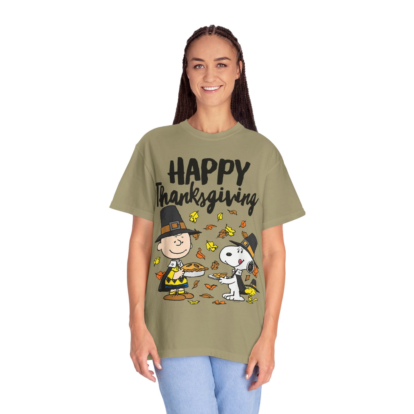 Thanksgiving Peanuts Comfort Colors 1717 T-Shirt — "Happy Thanksgiving" Charlie Brown & Snoopy Pilgrim Tee