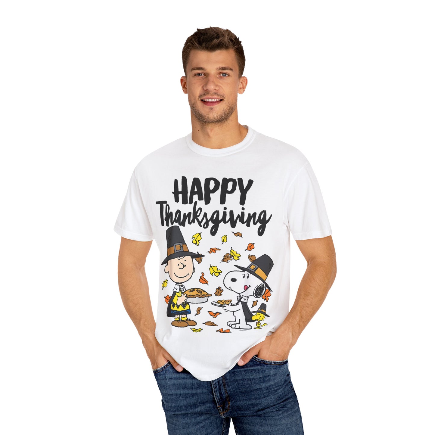 Thanksgiving Peanuts Comfort Colors 1717 T-Shirt — "Happy Thanksgiving" Charlie Brown & Snoopy Pilgrim Tee