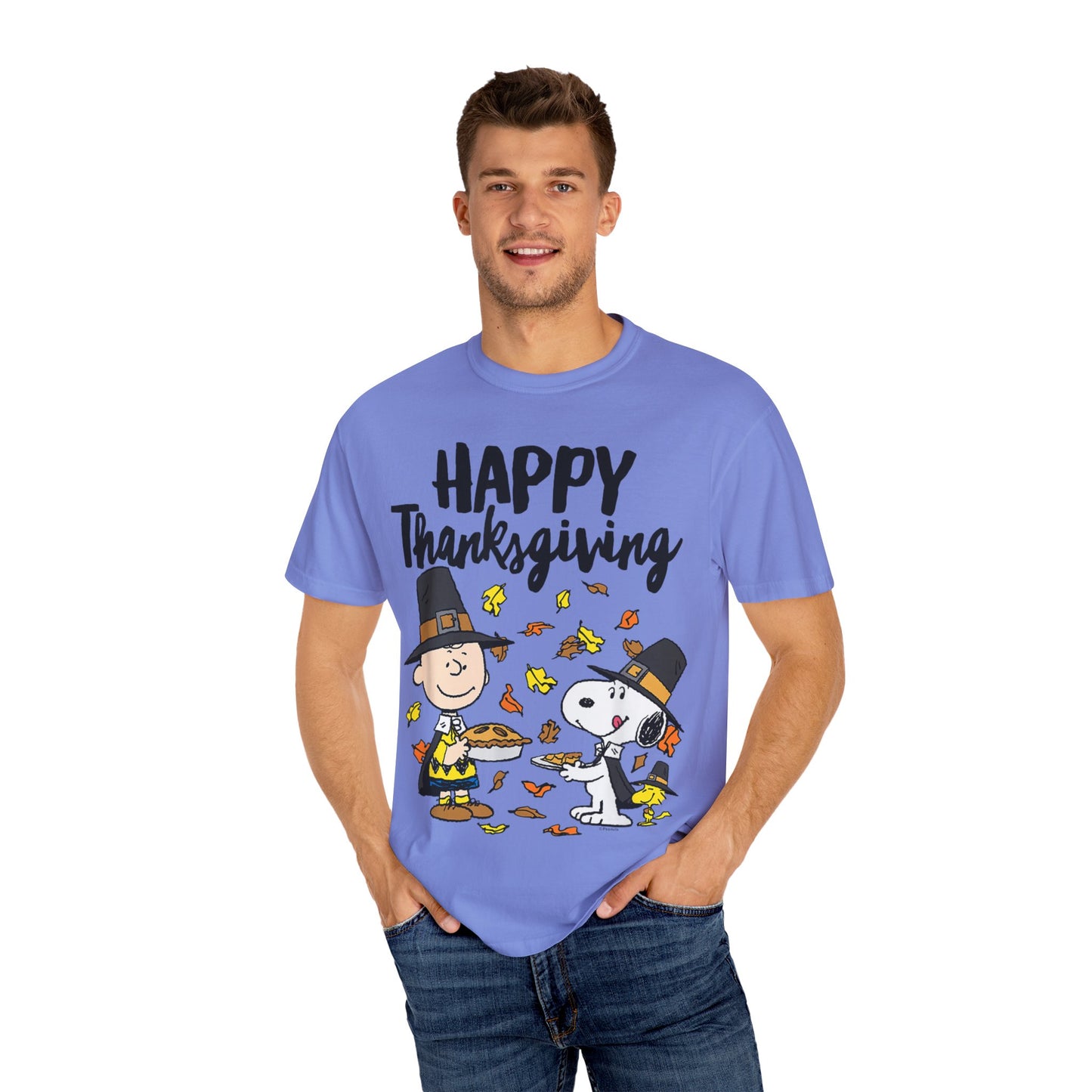 Thanksgiving Peanuts Comfort Colors 1717 T-Shirt — "Happy Thanksgiving" Charlie Brown & Snoopy Pilgrim Tee