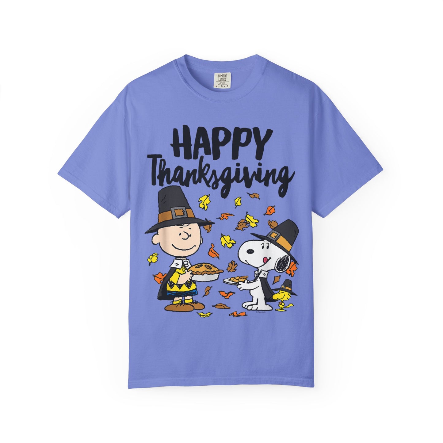Thanksgiving Peanuts Comfort Colors 1717 T-Shirt — "Happy Thanksgiving" Charlie Brown & Snoopy Pilgrim Tee