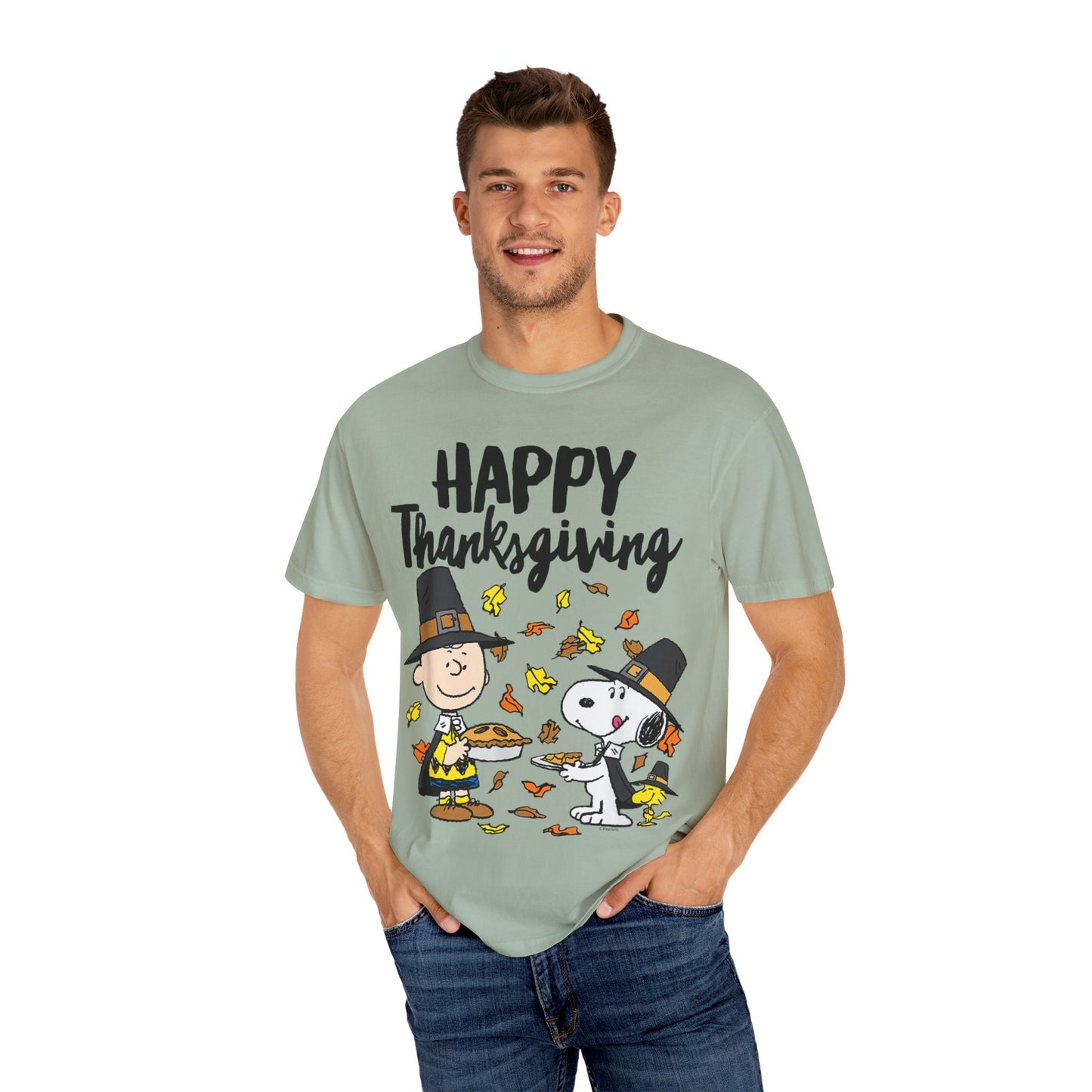 Thanksgiving Peanuts Comfort Colors 1717 T-Shirt — "Happy Thanksgiving" Charlie Brown & Snoopy Pilgrim Tee
