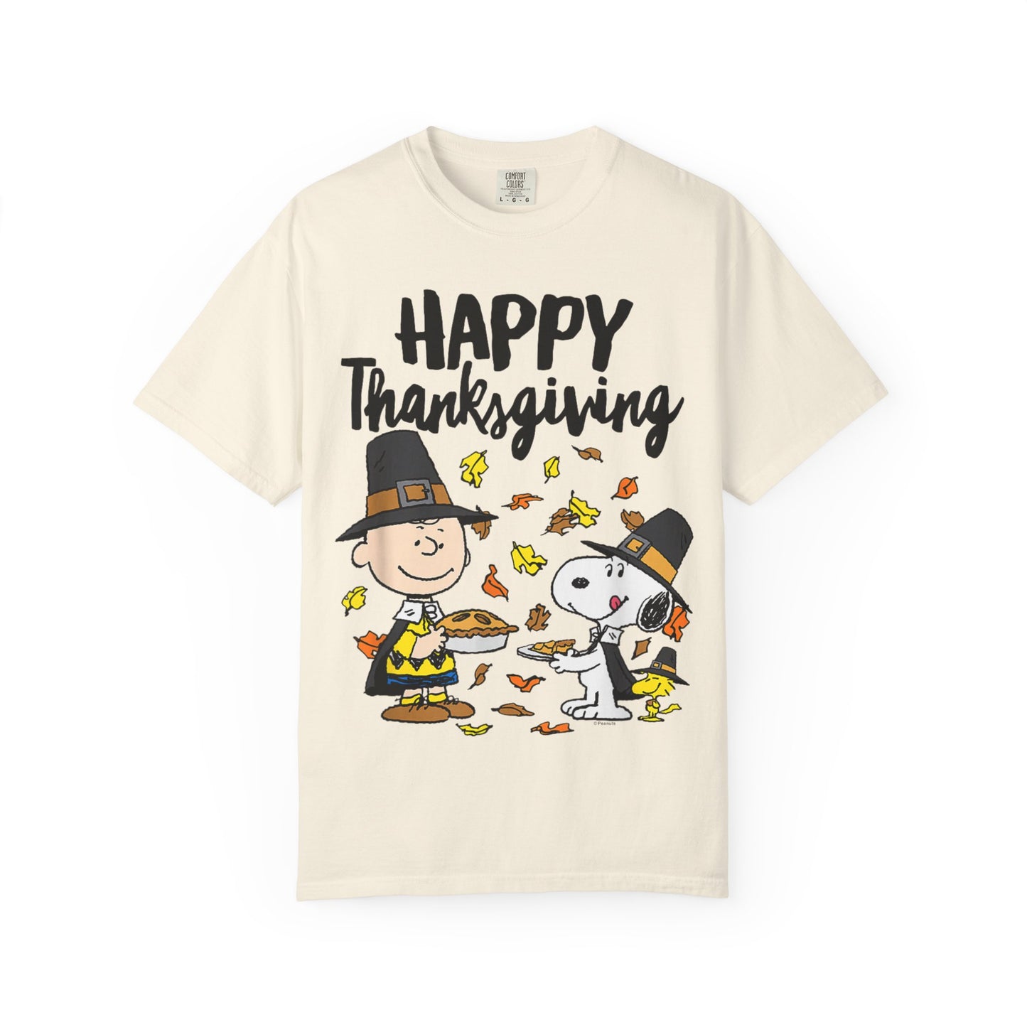 Thanksgiving Peanuts Comfort Colors 1717 T-Shirt — "Happy Thanksgiving" Charlie Brown & Snoopy Pilgrim Tee