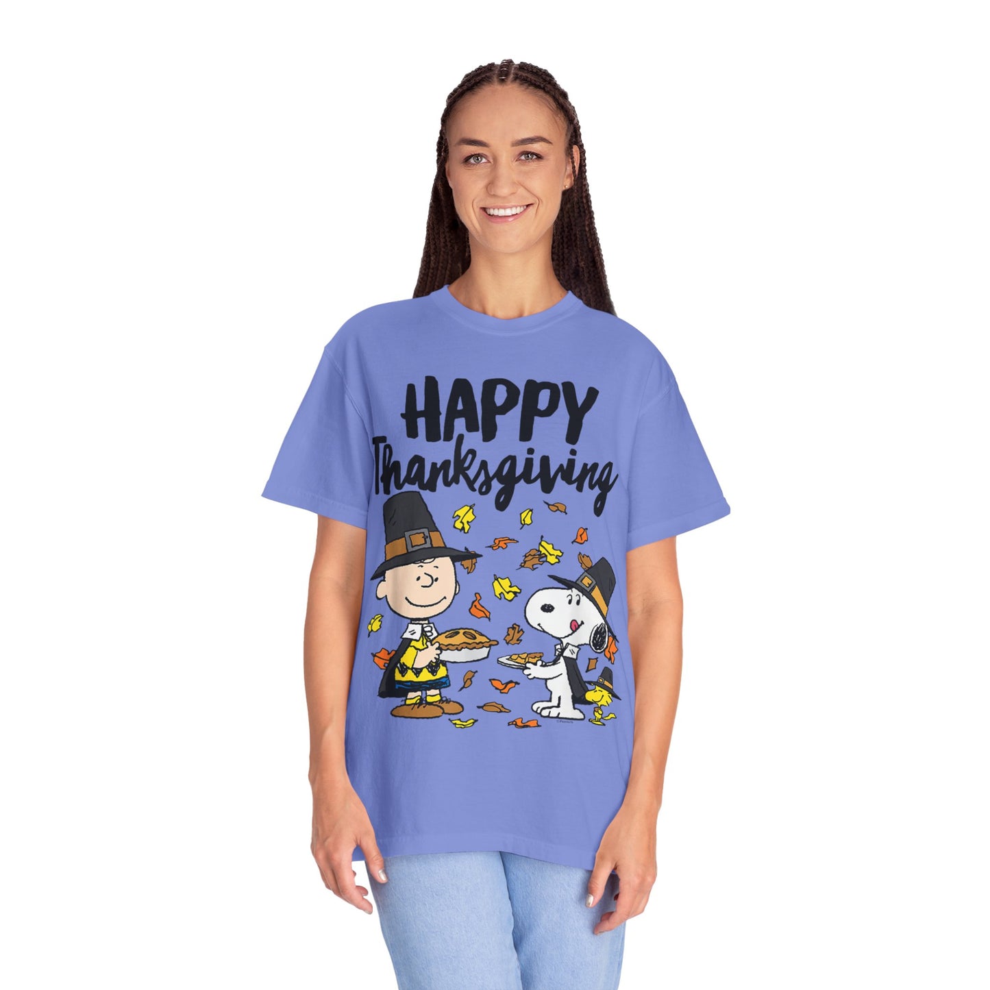 Thanksgiving Peanuts Comfort Colors 1717 T-Shirt — "Happy Thanksgiving" Charlie Brown & Snoopy Pilgrim Tee