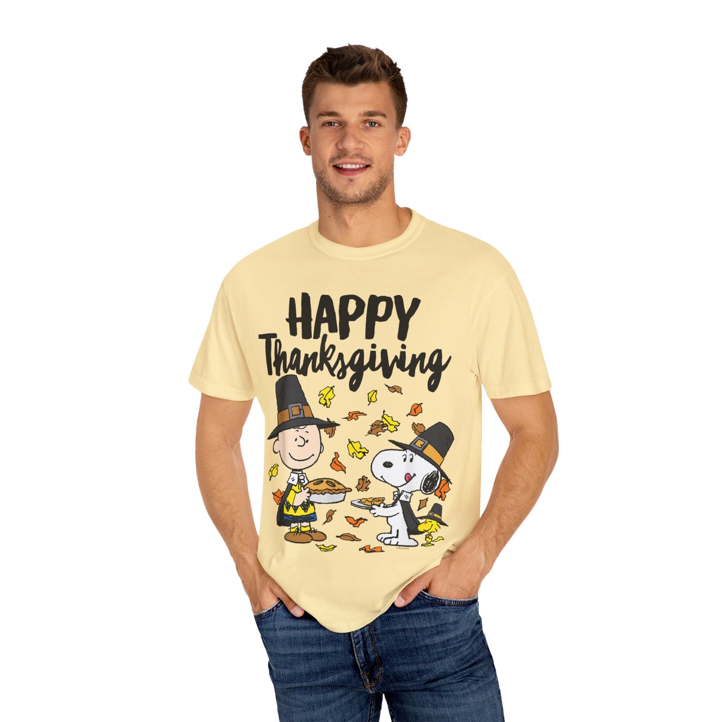 Thanksgiving Peanuts Comfort Colors 1717 T-Shirt — "Happy Thanksgiving" Charlie Brown & Snoopy Pilgrim Tee