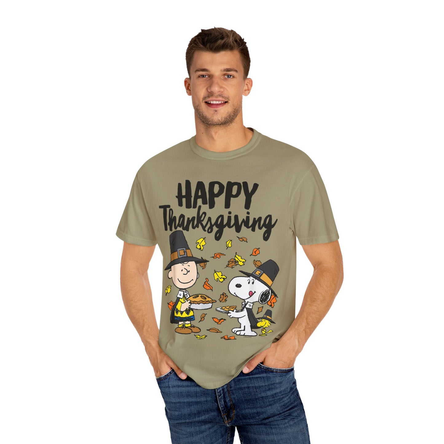 Thanksgiving Peanuts Comfort Colors 1717 T-Shirt — "Happy Thanksgiving" Charlie Brown & Snoopy Pilgrim Tee